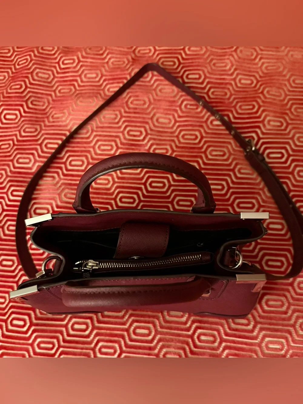 Rebecca Minkoff Designer Burgundy Satchel Bag Top Handle Purse EUC Zippers